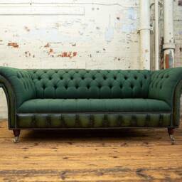 Handmade Emerald Green Herringbone Wool With Antique Leather 3 Seater Chesterfield Sofa - thumbnail 2