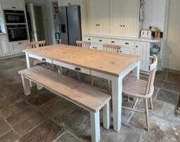 7Ft Rustic Pine Tapered Leg Dining Table Set With Matching Bench & 2 Drawers. Customisable Tapered Leg Dining Table Set