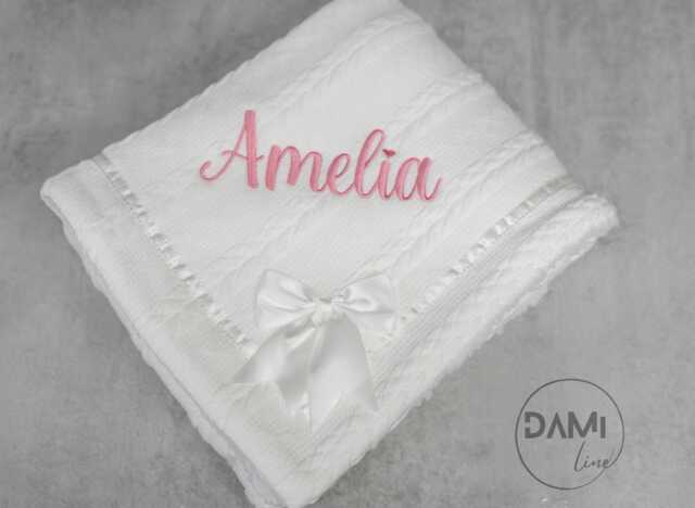 Personalized White Knitted Baby Blanket Sherpa Lined, Satin Bow - image 1