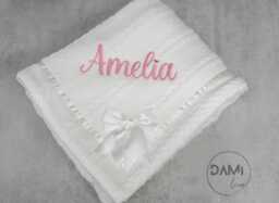 Personalized White Knitted Baby Blanket Sherpa Lined, Satin Bow - thumbnail 1
