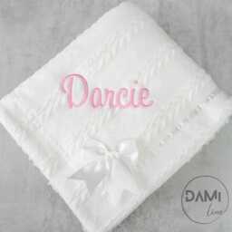 Personalized White Knitted Baby Blanket Sherpa Lined, Satin Bow - thumbnail 4
