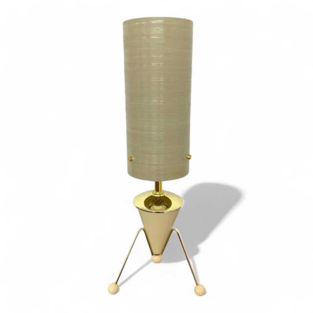 Mid Century Modern Rocket Lamp - Atomic Space Age Sputnik Design British Made Tripod Legs & Spun Fiberglass Shade Stone Beige - image 1