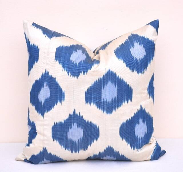 Handmade Blue Ikat Pillow Cover, Silk Cotton Accent Cushion - image 1