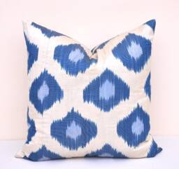 Handmade Blue Ikat Pillow Cover, Silk Cotton Accent Cushion - thumbnail 1