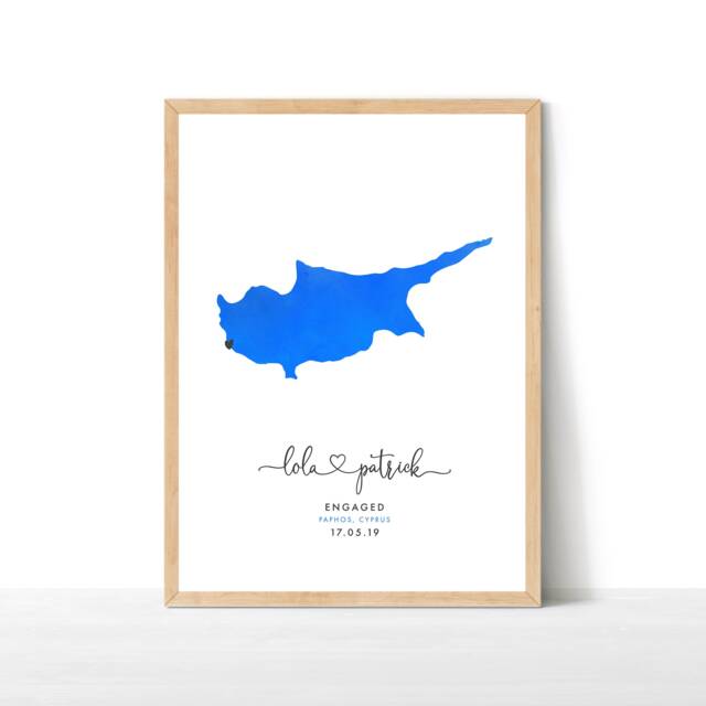 Engagement Map Print, Personalised Gift, Destination Travel Map, Watercolour Wedding Cyprus Print - image 1