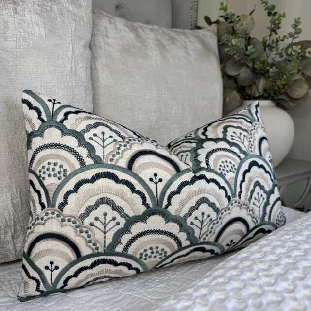 Elegant Teal & Beige Embroidered Lumbar Cushion Cover Modern Double-Sided Throw Pillow Case - image 1