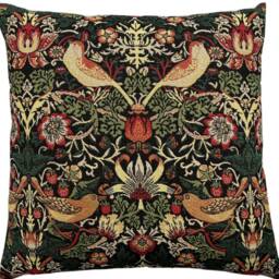 Birds & Strawberries Cushion Cover Vintage Botanical Woven Pillow - thumbnail 2