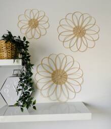 Handmade 3x Rattan Flower Wall Hanging - Chic Style Decor Boho Wicker Daisy Shelf Nursery Kitchen Hall Room