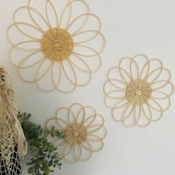 Handmade 3x Rattan Flower Wall Hanging - Chic Style Decor Boho Wicker Daisy Shelf Nursery Kitchen Hall Room - thumbnail 3