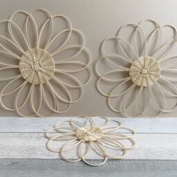 Handmade 3x Rattan Flower Wall Hanging - Chic Style Decor Boho Wicker Daisy Shelf Nursery Kitchen Hall Room - thumbnail 2