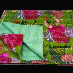 Green Floral Design Handmade Kantha Quilt Indian Cotton Blanket Hand Stitched Bedspread Bohemian Bedding Throw Textile - thumbnail 3