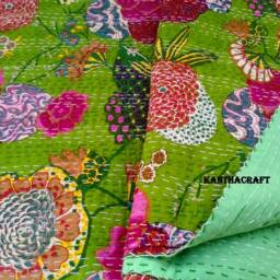 Green Floral Design Handmade Kantha Quilt Indian Cotton Blanket Hand Stitched Bedspread Bohemian Bedding Throw Textile - thumbnail 2