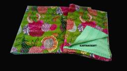 Green Floral Design Handmade Kantha Quilt Indian Cotton Blanket Hand Stitched Bedspread Bohemian Bedding Throw Textile - thumbnail 1
