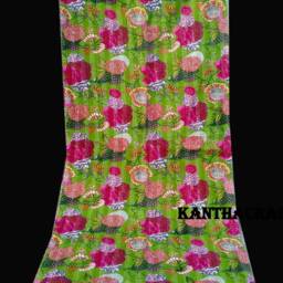 Green Floral Design Handmade Kantha Quilt Indian Cotton Blanket Hand Stitched Bedspread Bohemian Bedding Throw Textile - thumbnail 4