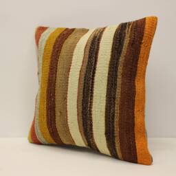 Vintage Turkish Kilim Pillow Cover, Hand-Woven Wool, 16x16 Boho Cushion - thumbnail 3