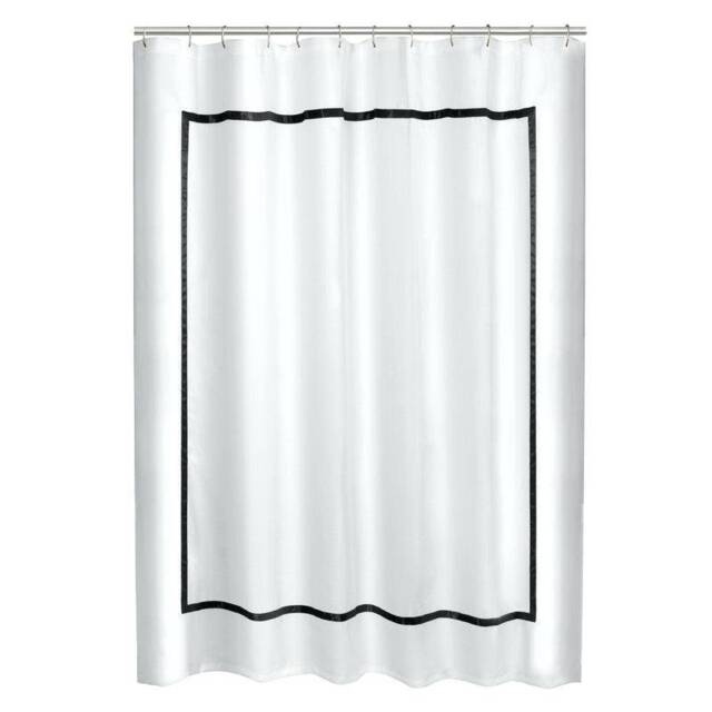 White Linen Shower Curtain With Border Trim, Hotel Framed - image 1