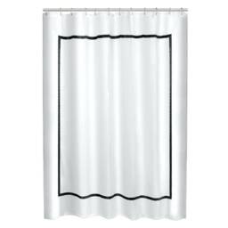 White Linen Shower Curtain With Border Trim, Hotel Framed - thumbnail 1