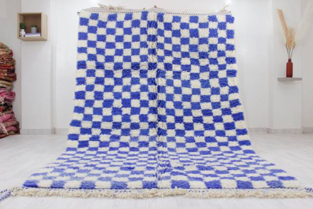 Blue Checkered Beni Ourain Rug, Checkerboard & White Custom Size Moroccan Genuine Lamb Wool - image 1