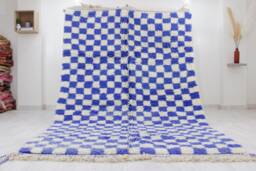 Blue Checkered Beni Ourain Rug, Checkerboard & White Custom Size Moroccan Genuine Lamb Wool - thumbnail 1