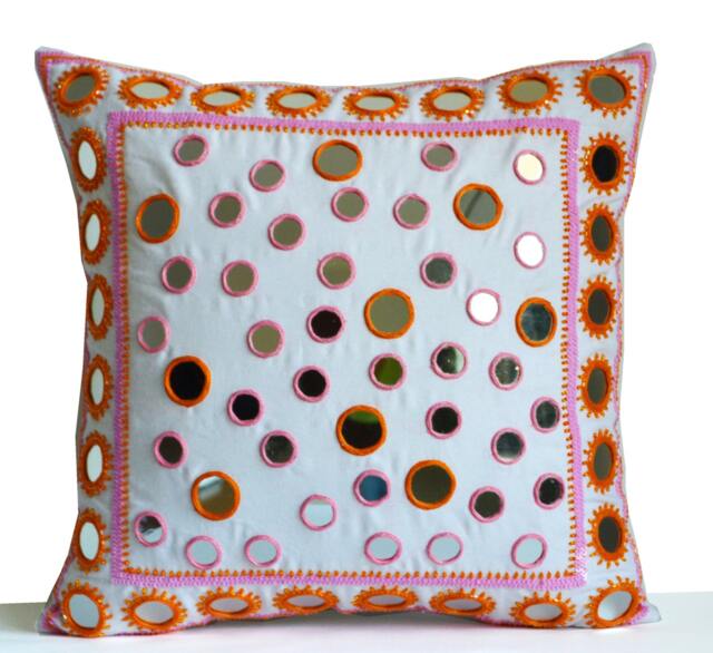 Boho Chic Pillow Cover, Mirror Pillow, Pink Orange Sheesha Gift For Her, Dorm Summer Spring - image 1