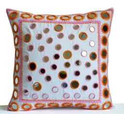 Boho Chic Pillow Cover, Mirror Pillow, Pink Orange Sheesha Gift For Her, Dorm Summer Spring - thumbnail 1