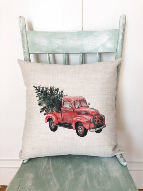 Vintage Red Truck Christmas Pillow Cover Linen Farmhouse Decor - image 1