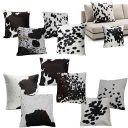 Black White Cowhide Leather Cushion Cover 16x16, Natural Animal Pattern Home Decor - thumbnail 1