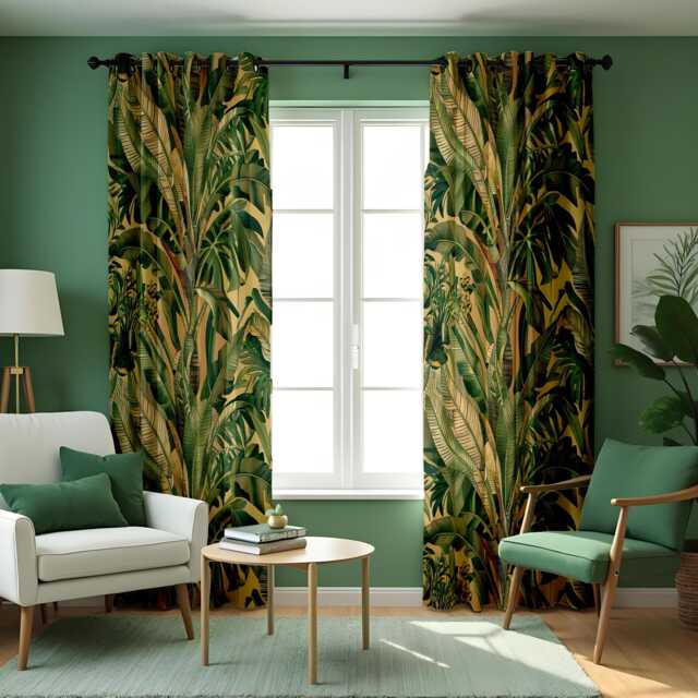 Green Tropical Curtains With Banana Leaves, Custom Size Botanical Drapes For Living Room Or Bedroom, Modern Jungle Home Style - image 1