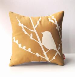 Golden Brown Bird On Cherry Blossom - Mini 10.5 Inches Square Pillow - thumbnail 1