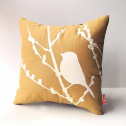 Golden Brown Bird On Cherry Blossom - Mini 10.5 Inches Square Pillow - thumbnail 2
