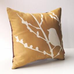 Golden Brown Bird On Cherry Blossom - Mini 10.5 Inches Square Pillow - thumbnail 3
