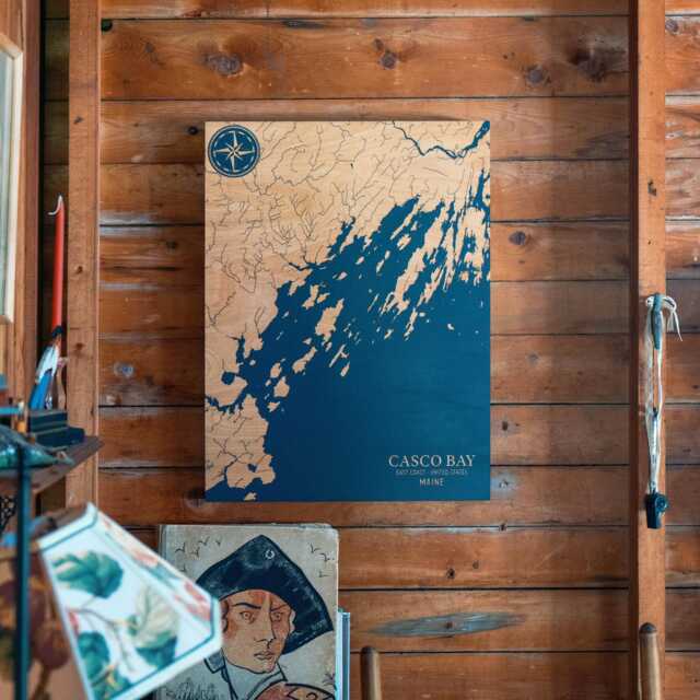 Casco Bay, Maine Map - Engraved Wood Coastal Wall Art Sign, Beach House Home Decor Nautical Print, Unique Personalized Family Gift - image 1