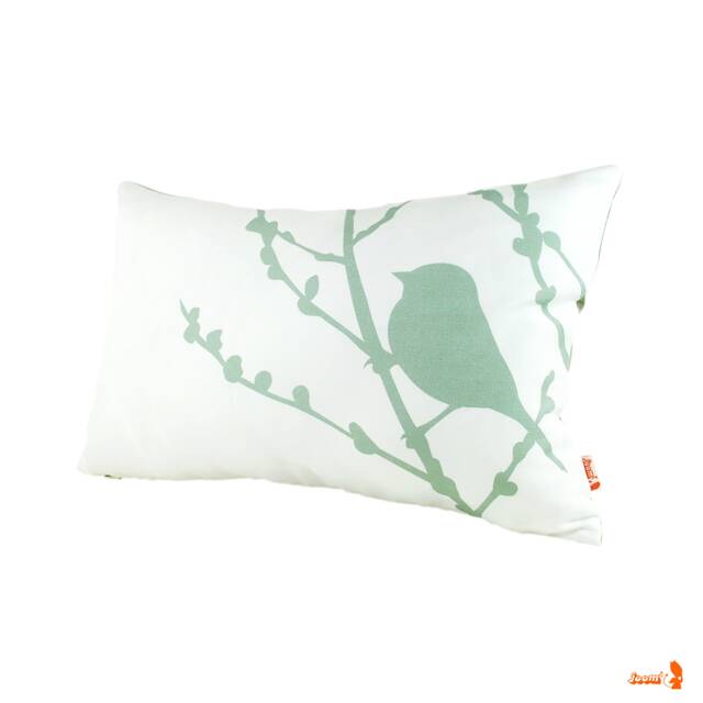 Sage Green Bird Pillow Linen Cotton Cherry Blossom Print - image 1