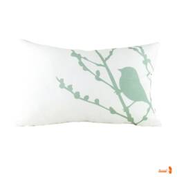 Sage Green Bird Pillow Linen Cotton Cherry Blossom Print - thumbnail 2