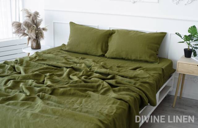 Olive Green Linen Sheet Set - 1 Flat + Fitted 2 Pillowcase Sheets Queen Twin King -Japandi Bedding