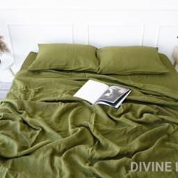 Olive Green Linen Sheet Set - 1 Flat + Fitted 2 Pillowcase Sheets Queen Twin King -Japandi Bedding - thumbnail 3