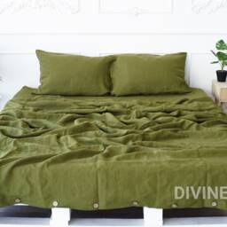 Olive Green Linen Sheet Set - 1 Flat + Fitted 2 Pillowcase Sheets Queen Twin King -Japandi Bedding - thumbnail 2