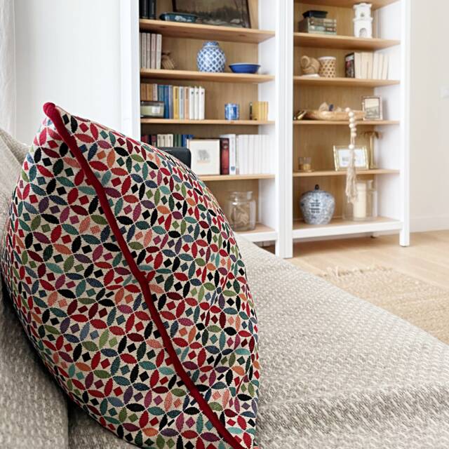 Ethnic Lumbar Pillow Cover Red Velvet Piping, Colorful Pattern - image 1