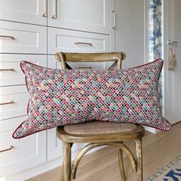 Ethnic Lumbar Pillow Cover Red Velvet Piping, Colorful Pattern - thumbnail 3