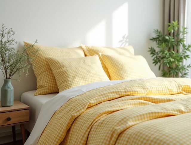 Yellow Small Gingham Cotton Bedding Set 1 Duvet Cover & 2 Pillowcases Soft Checkered Cozy Bedroom Decor - image 1