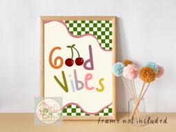 Checkered Good Vibes Print Featuring Cherries. Perfect For A Teen Or Tween Bedroom Playroom - Unframed - thumbnail 1
