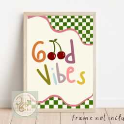 Checkered Good Vibes Print Featuring Cherries. Perfect For A Teen Or Tween Bedroom Playroom - Unframed - thumbnail 3