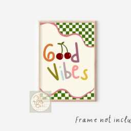 Checkered Good Vibes Print Featuring Cherries. Perfect For A Teen Or Tween Bedroom Playroom - Unframed - thumbnail 2