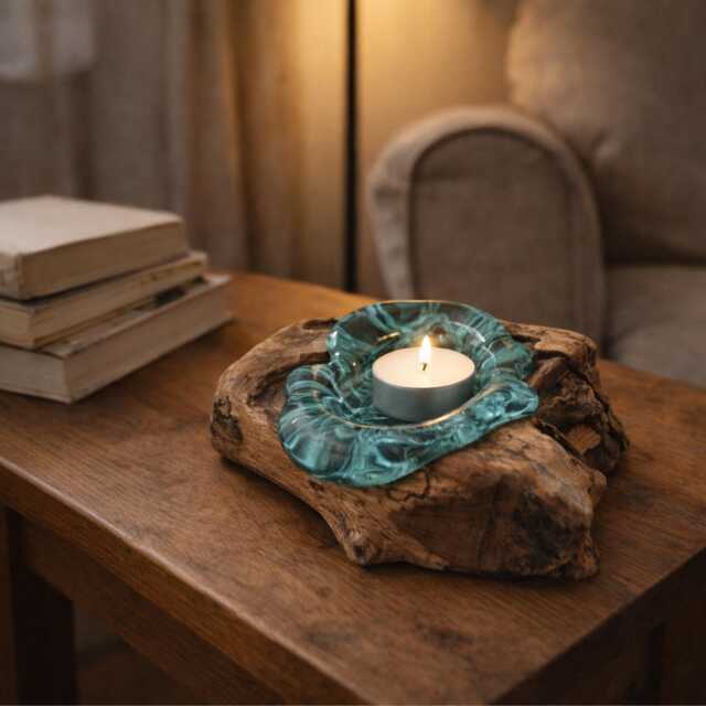 Molten Glass Candle Holder On Wood Handmade Meaningful Rustic Home Decor - image 1
