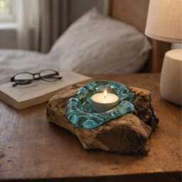 Molten Glass Candle Holder On Wood Handmade Meaningful Rustic Home Decor - thumbnail 2