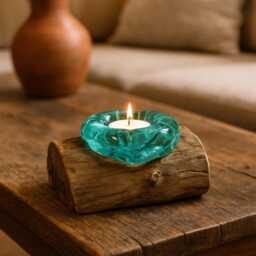 Molten Glass Candle Holder On Wood Handmade Meaningful Rustic Home Decor - thumbnail 3