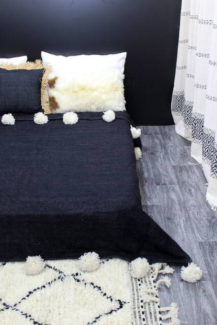 Moroccan Pom Blanket, Bohemian Wool Handmade Berber Bed Spread, Bedcover, Handwoven Bedding - image 1