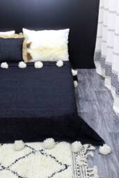Moroccan Pom Blanket, Bohemian Wool Handmade Berber Bed Spread, Bedcover, Handwoven Bedding