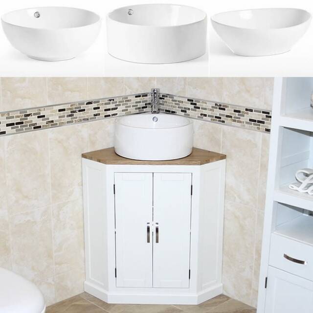 White Bathroom Vanity Unit - Corner Painted Sink Cabinet Ceramic Wash Basin Tap & Plug - image 1
