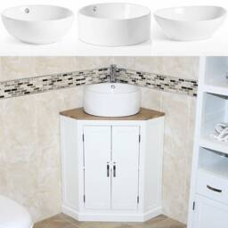 White Bathroom Vanity Unit - Corner Painted Sink Cabinet Ceramic Wash Basin Tap & Plug